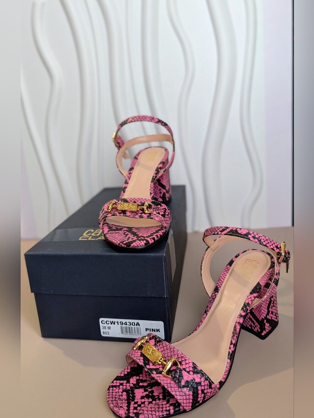 NIB Cavalli Class Pink Python Print Block Heel Sandals Size 8 MSRP $685